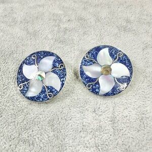 Vintage Alpaca Mexico Silver With Mother Of Blue Pearl Inlay Clip On Earrings